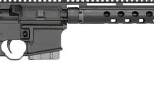 Black semi-automatic rifle with adjustable stock, pistol grip, and a long rail-equipped fore-end resembling an AR-15.