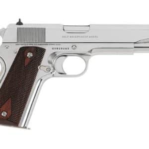 Left-side view of a chrome Colt Government Model semi-automatic pistol with brown checkered grips on the grip panels.