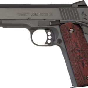 Colt Commander .45 automatic pistol, left profile with dark metal finish and checkered wooden grips.
