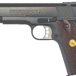 Side view of a semi-automatic pistol with a dark metal slide and brown checkered grip.