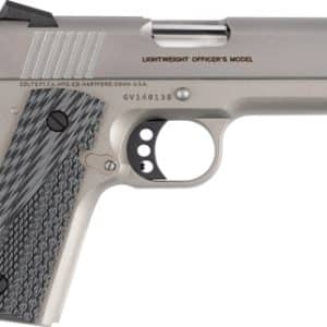 Side view of a silver Colt Lightweight Officer's Model semi-automatic pistol with a textured black grip and pull-trigger guard.