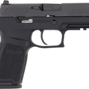 Side view of a black semi-automatic handgun with textured grip and accessory rail
