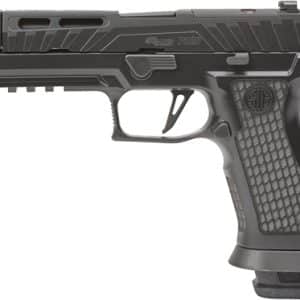 Side view of a black semi-automatic pistol with a textured grip and accessory rail under the barrel.