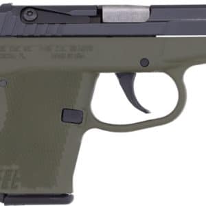 Olive-drab semi-automatic handgun shown in profile with textured grip and visible trigger guard.