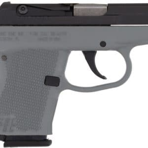 Gray semi-automatic pistol shown in right-side profile, highlighting the grip, trigger guard, and slide edge