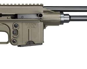 Olive-drab assault rifle shown in profile with a long barrel and front grip attachment