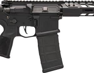 Black AR-style semi-automatic rifle with collapsible stock, pistol grip, long Picatinny handguard, and detachable magazine