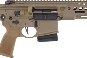 Tan AR-15 style rifle with adjustable stock, pistol grip, and modular handguard on a white background, showing its long barrel and accessory rails.