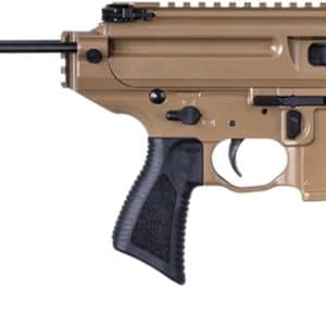 Desert-tan assault rifle with a long barrel, top rail, and curved magazine inserted in the magazine well