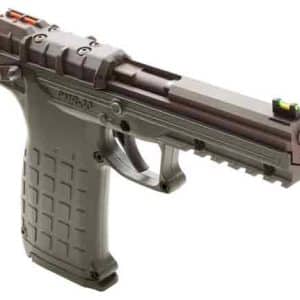Compact pistol-style airsoft gun with a textured grip, rails, and front sight viewed from the side.