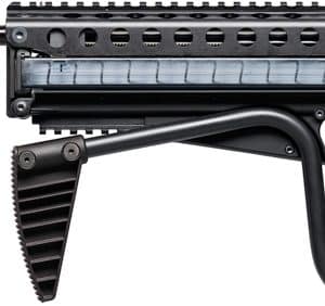 Side view of a black tactical rifle with folding stock and ventilated handguard at the top rail area