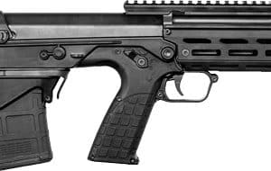 Black tactical rifle with a pistol grip, free-floating handguard, and detachable magazine (side view).