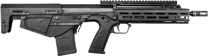Black tactical rifle with a pistol grip, free-floating handguard, and detachable magazine (side view).