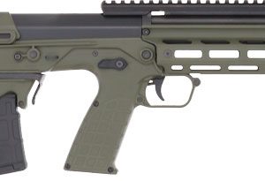 Olive-drab semi-automatic rifle with a long Picatinny rail, polymer handguard, and a detachable curved magazine.