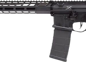 Modern AR-style rifle with a long quad-rail handguard, pistol grip, and collapsible stock under a high-capacity magazine