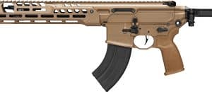 Tan-colored semi-automatic rifle with a collapsible stock, quad-rail fore-end, and curved magazine