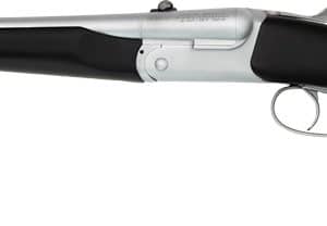Side view of a black-handled single-shot pistol with a silver barrel and exposed hammer.