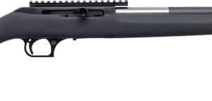 Side view of a black bolt-action rifle with a synthetic stock, long barrel, and scope rail.