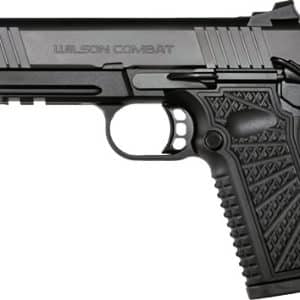 Side view of a black semi-automatic handgun with a textured grip and safety, labeled 'Wilson Combat' on the slide.