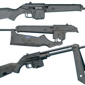 Three firearms laid out horizontally: a long rifle on top, a compact bullpup-style rifle in the middle, and a light machine gun with a bipod on the bottom.