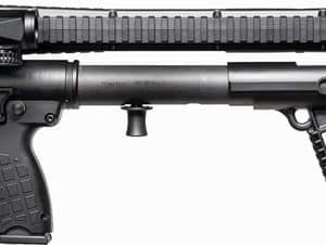 Black submachine gun with folding stock and top Picatinny rail, shown in profile from the left.