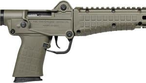 Olive-drab semi-automatic rifle with a collapsible stock, pistol grip, and long Picatinny-rail fore-end.