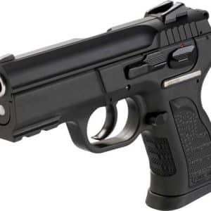 Black semi-automatic pistol with a textured grip, viewed from the left side on a white background.