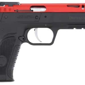 Red and black semi-automatic airsoft pistol with a textured grip and silver trigger, viewed from the side.