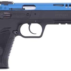 Side view of a blue-and-black air pistol with a textured grip and trigger guard.