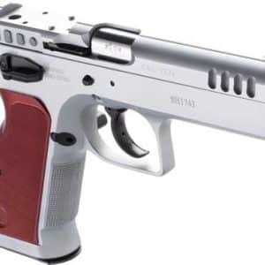 Silver semi-automatic pistol with a red grip, shown in a side profile view.
