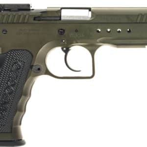 Left-side view of an olive-drab semi-automatic pistol with a textured grip and front Picatinny rail on a white background.