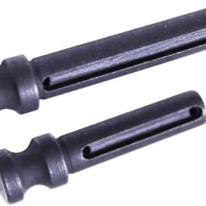 Two black cylindrical components with rounded ends and a long internal slot running along their length, resembling mechanical dowels or slide pins.