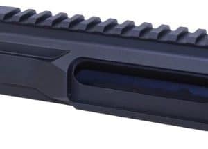 Black AR-style rifle upper receiver with a top Picatinny rail and threaded muzzle, shown in profile.