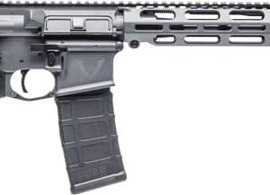 AR-15 style semi-automatic rifle in side profile with collapsible stock and quad-rail handguard, magazine attached.