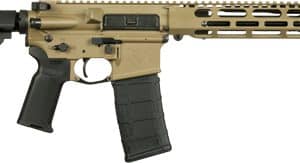 Tan and black AR-style rifle with a collapsible stock and polymer magazine, shown in profile