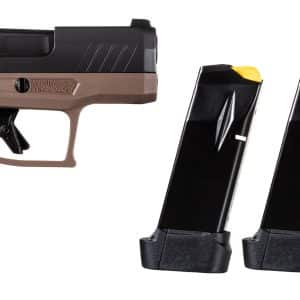 Semi-automatic pistol with brown grip and black slide, shown with three magazines to the right on a white background