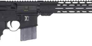 Black semi-automatic rifle with a collapsible stock, pistol grip, and a long quad-rail handguard with a detachable magazine inserted