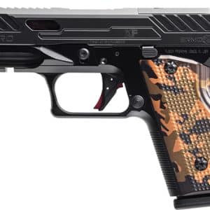 Side view of a black semi-automatic pistol with orange camouflage grip panels.