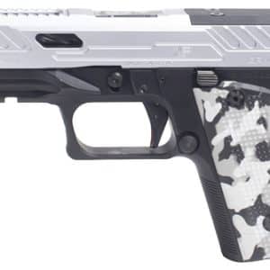 Semi-automatic handgun with a silver slide and camouflage-pattern grip.