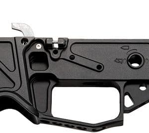 Lower receiver of an AR-style rifle shown from the side, highlighting the trigger area and grip section (gun component).