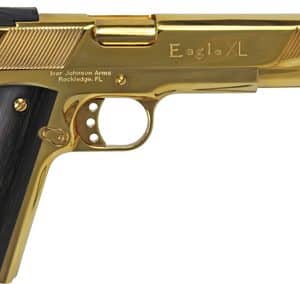 Gold-plated Desert Eagle semi-automatic pistol shown in side profile with a black textured grip.