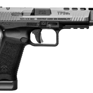 Side view of a black semi-automatic pistol with a silver slide labeled TP9SFx.