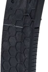 Black polymer handgun magazine with a hexagonal honeycomb pattern and a visible red follower at the top.