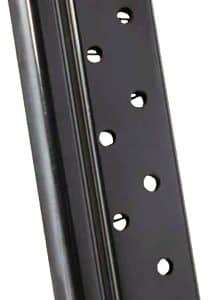 Detachable metal firearm magazine with round witness holes along its side and a flat base plate.