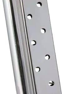 Metal handgun magazine with round holes along its side for follower visibility