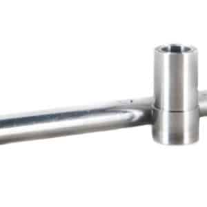 Stainless steel machine part: a horizontal rod attached to a vertical cylindrical hub on a white background.