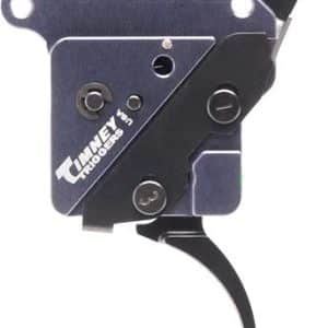 Blue Timney rifle trigger assembly with black curved trigger lever and mounting components, shown at an angle.