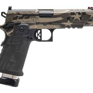Side view of a camouflage-pattern semi-automatic pistol with textured grip and visible trigger guard