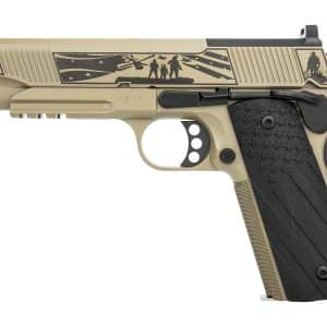 Desert-tan semi-automatic pistol shown in a side profile with decorative panels and a black textured grip.