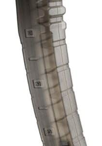 Translucent curved rifle magazine with capacity indicators and a dark baseplate.